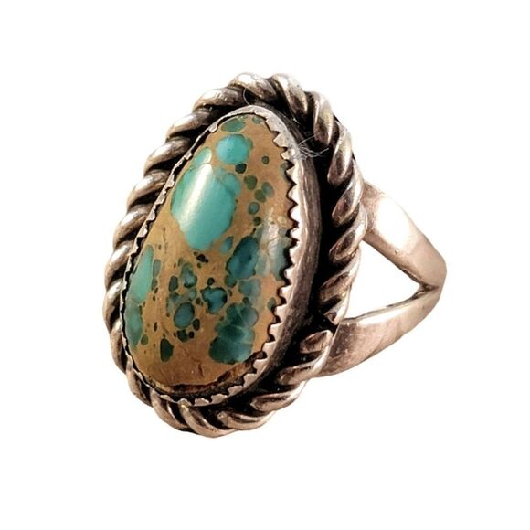 Vintage Sterling Royston Turquoise Cable Bezel Set Ring - Picture 2 of 11